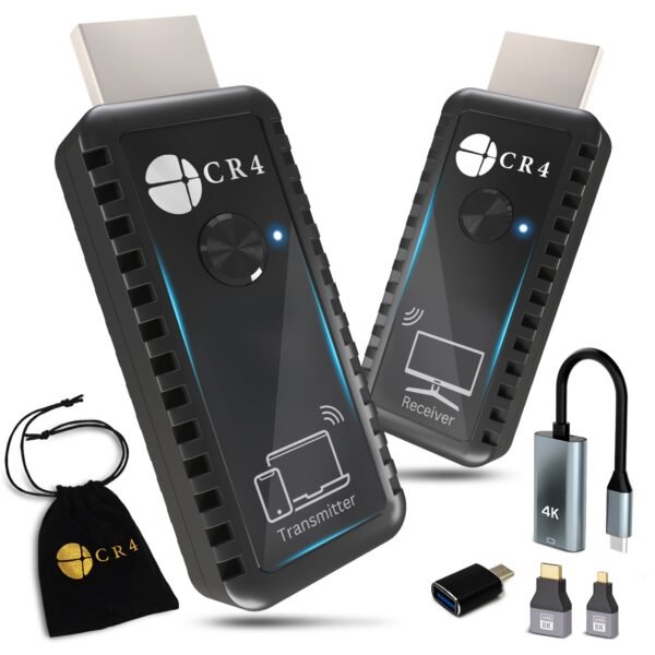 CR4 Wireless HDMI Transmitter and Receiver, Low-Latency 5G, Plug & Play, 4K In/1080P Out, Extender Kit to Stream Video/Audio from PC/Laptop/USB-C Phone(like iPhone 15 or newer) to Monitor/TV